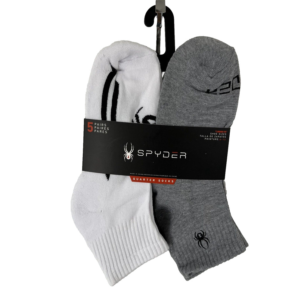 NEW Spyder Men Stripe Quarter Socks 5 Pairs White Black Gray Shoe Size 6 -12
